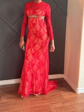 Sherri Hill Red Lace Long Sleeve Bejeweled Waist Gown